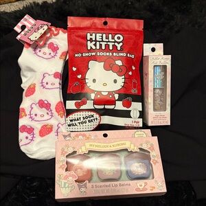 Hello Kitty Pink and mystery no show Socks with Lip Balm Set and lip gloss